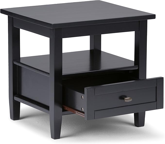 SIMPLIHOME Warm Shaker End Table - 20 inch Wide Solid Wood Side Table in Black, Transitional Accent Table for Living Room or Bedroom with Drawer, Open Shelf and Square Tapered Legs