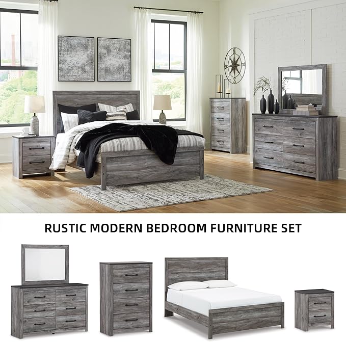 Signature Design by Ashley Bronyan Rustic 2 Drawer Nightstand, 2-Tone Look, Light Gray and Dark Gray, Large Scale Handles, Fully Finished Drawer Interiors, 24.72" Tall, Gray