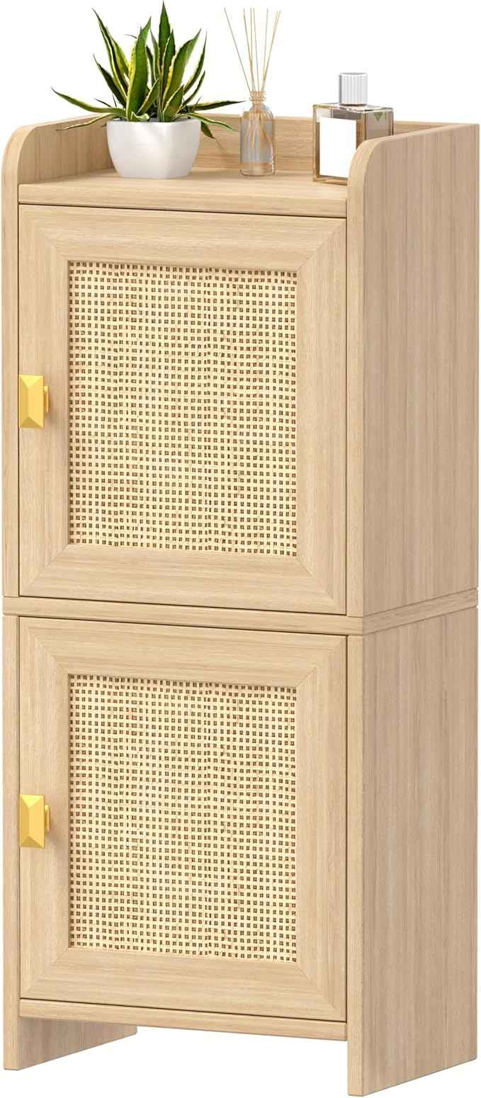 Rattan Small Bathroom Cabinet with 2 Doors, 7.9''D x 11.8''W Narrow Toilet Paper Storage Cabinet, Bathroom Organizer for Small Space, Wooden Slim Corner Unit with Adjustable Shelf, Natural Oak