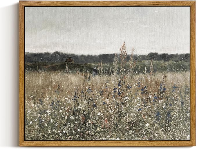 InSimSea Framed Canvas Wall Art Vintage Decor, Wildflower Field Canvas Wall Art Paintings Prints, Rustic Landscape Wall Decor for Bathroom Office Dining Room, 9"x11"