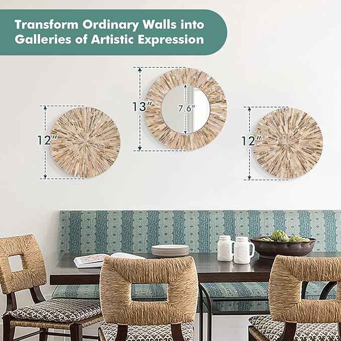 Boho Decorative Mirror for Living Room, 3PCS Handcrafted Mother of Pearl Mirror Wall Decor for Home Dorm Apartment Hallway Staircase, Mosaic Art Plates for Wedding Decoration (Dark Brown)