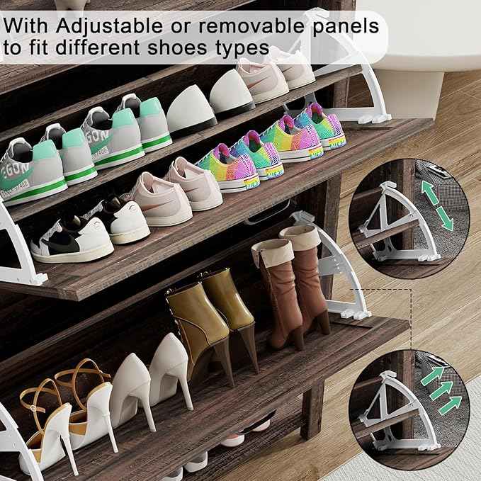 Vabches Shoe Storage Cabinet, 5-Tier Farmhouse Freestanding Organizer with 2 Flip Drawers, Wooden Shoes Rack Cabinets Storage Organizer with Doors for Entryway, Hallway, Closet, Dark Oak