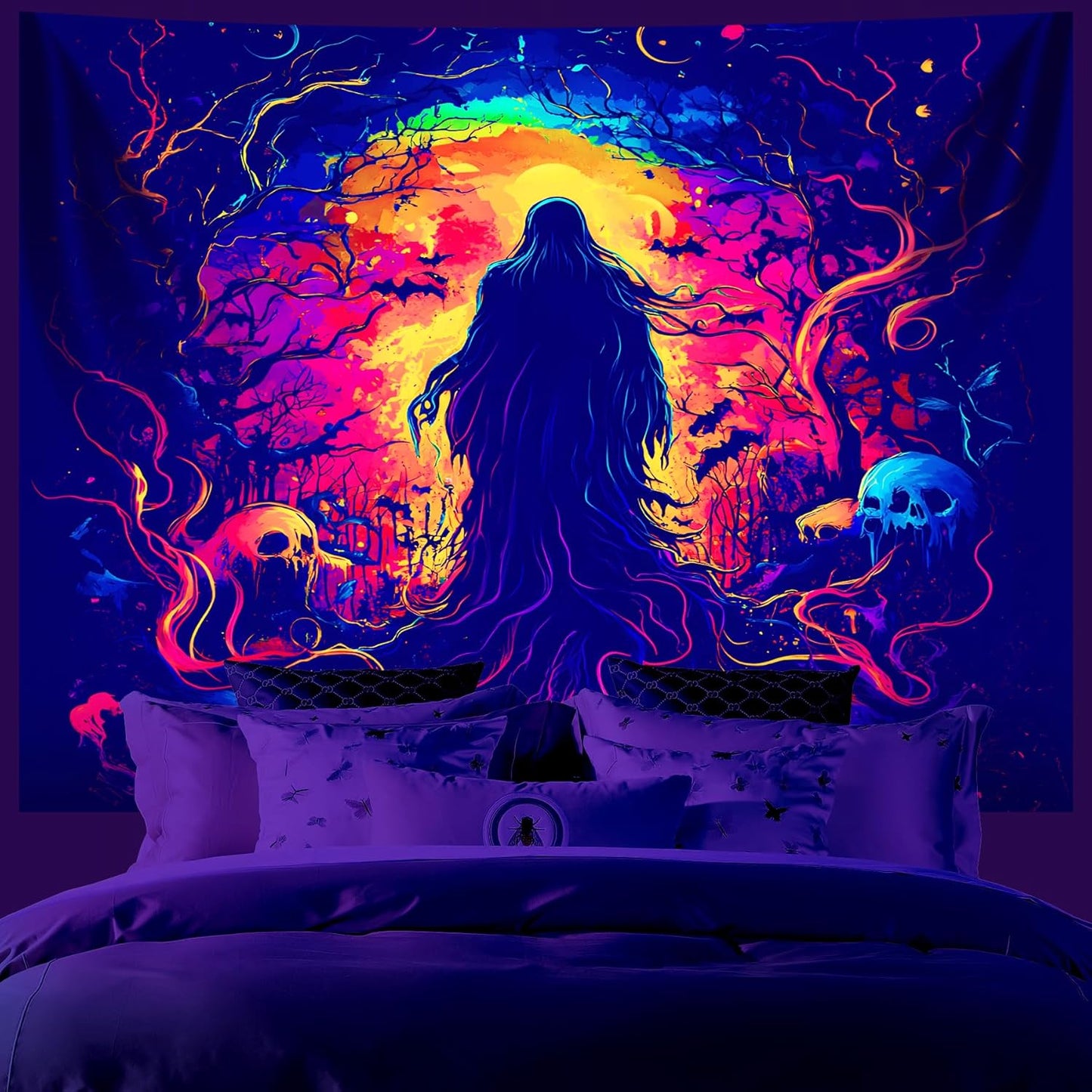 AOHMPT Glow-in-the-Dark Halloween Tapestry - UV Reactive Black Light Wall Hanging Decor for Spooky Parties, Bedroom, Living Room (Shaman, 59" L x 51" W, Unframed)