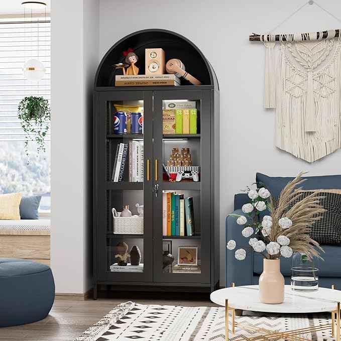 78.74" H Metal Arched Cabinet with Lock and LED Light Strip, Metal Display Cabinet with Glass Doors and Adjustable Shelves,Suitable for Dining Room, Home, Assembly Required,Black
