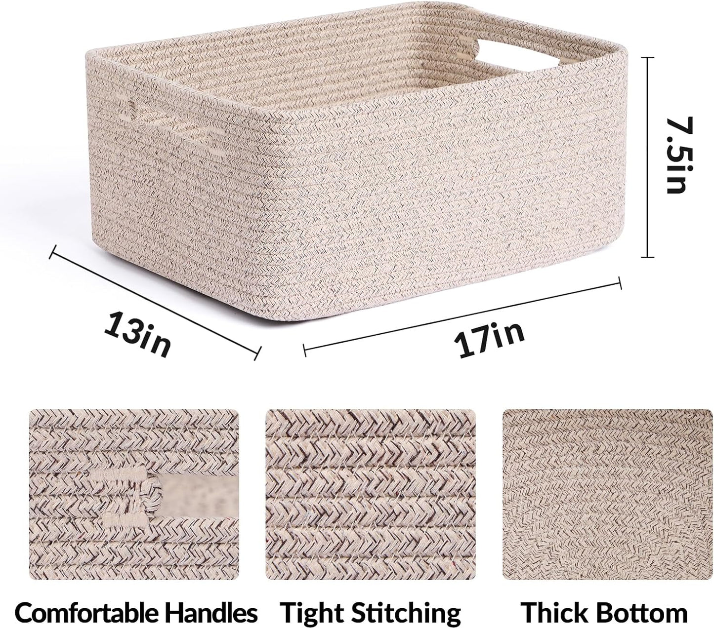 Large Storage Baskets for Organizing, Closet Shelf Baskets for Clothes Blanket Towels, Baby Nursery, Toy Bins Box, Woven Rope Baskets, 17 x 13 x 7.5”, 4 Packs Mixed Brown