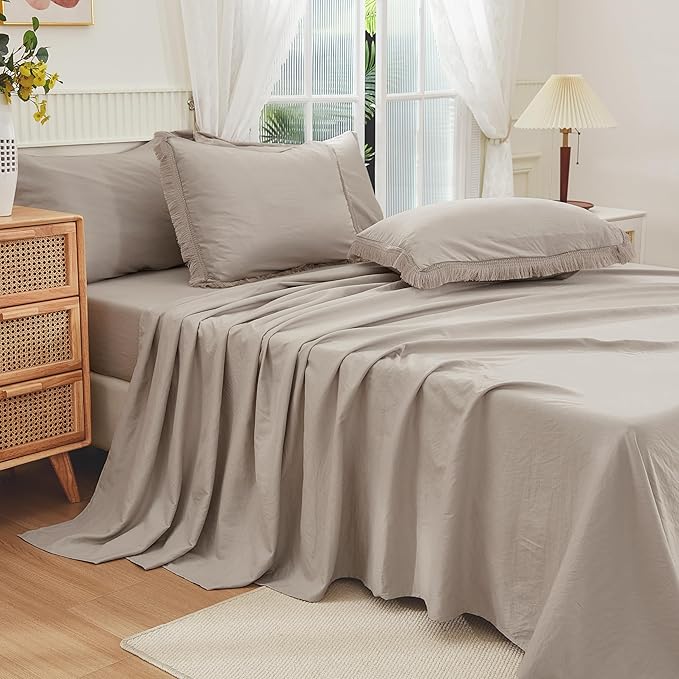 Andency Wheat King Size Comforter Set with Sheets - 7 Pieces Boho Tassel Bed in a Bag Soft Lightweight Bedding Sets, Wheat Fringe Bed Set with Comforter, Sheets, Pillowcases & Shams