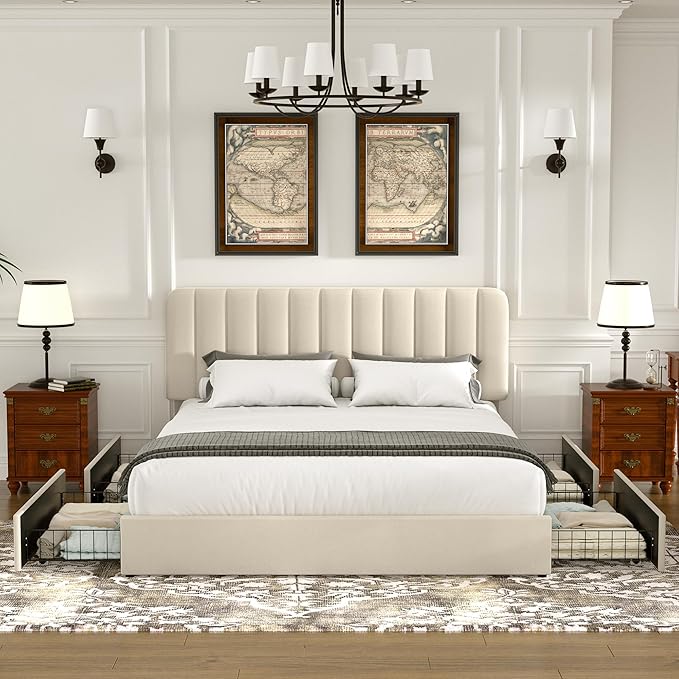 VECELO Full Size Upholstered Bed Frame with 4 Drawers and Headboard, Velvet Platform Storage Bedframe, Wooden Slats Support, No Box Spring Needed,Beige