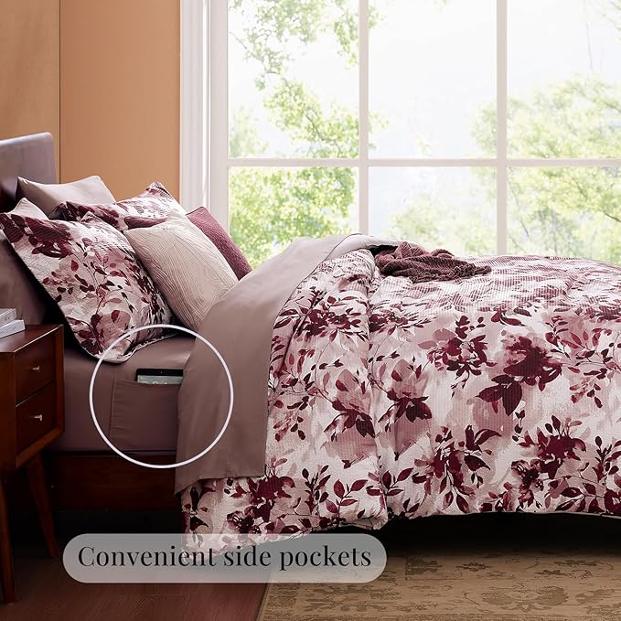 CASAAGUSTO King Comforter Set, 7 PCS Purple Willow Leaf Floral Comforter Set with Flowers Leaves Pattern, Soft Seersucker Design All Season King Size Bedding Set(102"X90")
