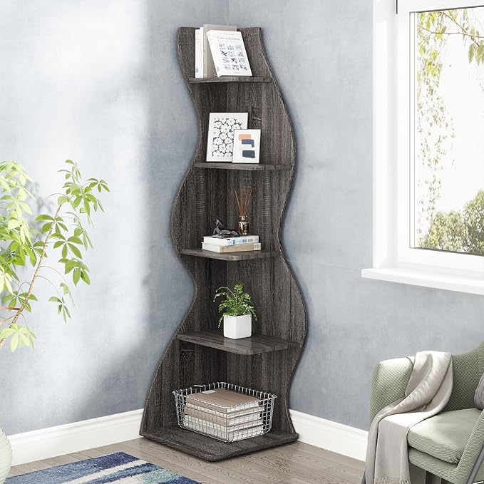 Tribesigns Corner Shelf, Modern 5-Tier Wall Corner Bookshelf, Stylish Corner Small Bookcase Storage Rack Plant Stand with Unique Shape for Living Room, Home Office(Gray, 2PCS)