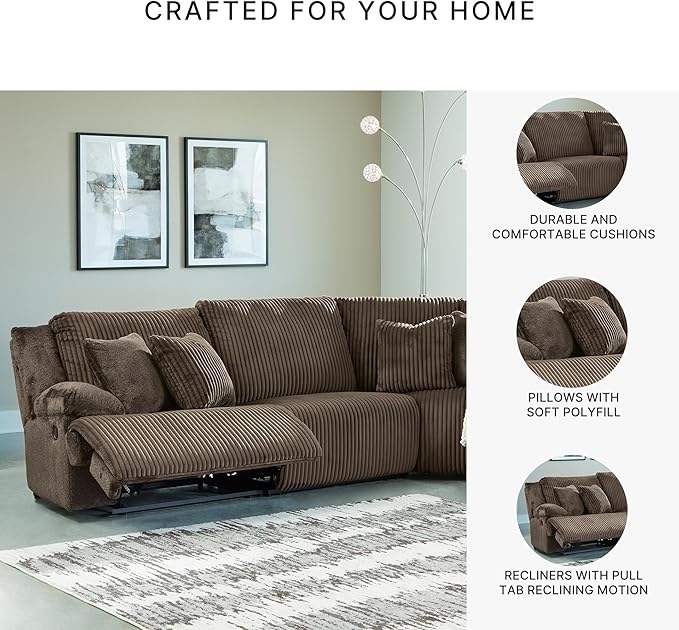Signature Design by Ashley Top Tier Modern 5-Piece Reclining Sectional with Armrest and Throw Pillows, Dark Brown