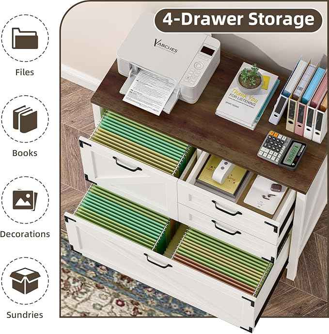 Wood Lateral File Cabinet with 4-Drawer for Hanging Files Letter/A4/Legal Size, Large Farmhouse Filing Cabinets for Home Office, Printer Stand with Office Cabinet, Office Furniture, White and Brown