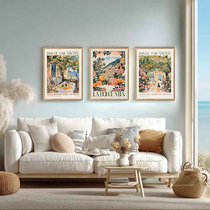 Cyebmo Italy Travel Wall Art set of 3, Trendy Amalfi Coast Wall Decor, Italian Food Canvas Painting, Vintage Italian City Poster Prints for Bedroom Dining Room Living Room Wood Framed 12"x16"x3