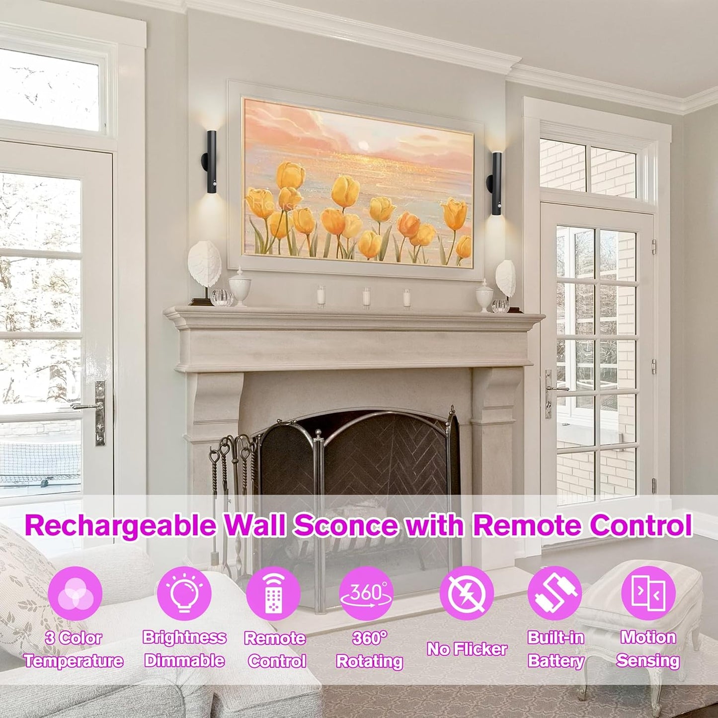 Battery Operated Wall Sconce, Rechargeable Wall Lights with Motion Sensor, Remote Control, Dimmable Metal Magnetic Wall Lamp for Decor, Bedroom, Living Room, Night Light (Black, 1Pcs)