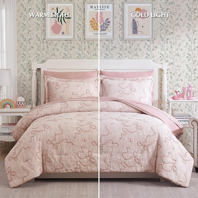 Geniospin Pink Queen Comforter Set for Girls- 7 Pieces Bowknot Jacquard Bed in A Bag Queen Bedding Sets with Sheets, Pillowcases & Shams, All Season Kids Comforter Set
