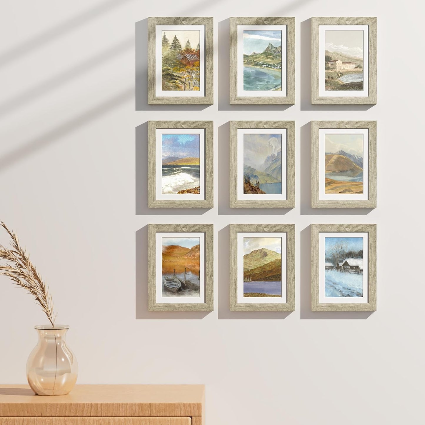 Vittanly 5x7 Picture Frames Set of 9, Shatter Resistant Plexiglass, Display 4x6 Pictures with Mat or 5x7 without Mat, Photo Frames for Wall or Tabletop, Engineered Wood, Driftwood