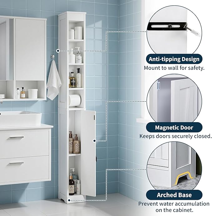 VECELO 71" Tall Bathroom Storage Cabinet, Narrow Storage Cabinet with Adjustable Shelves, Toilet Paper Rod and Magnetic Door, Freestanding Slim Bathroom Storage Cabinets for Small Space, White