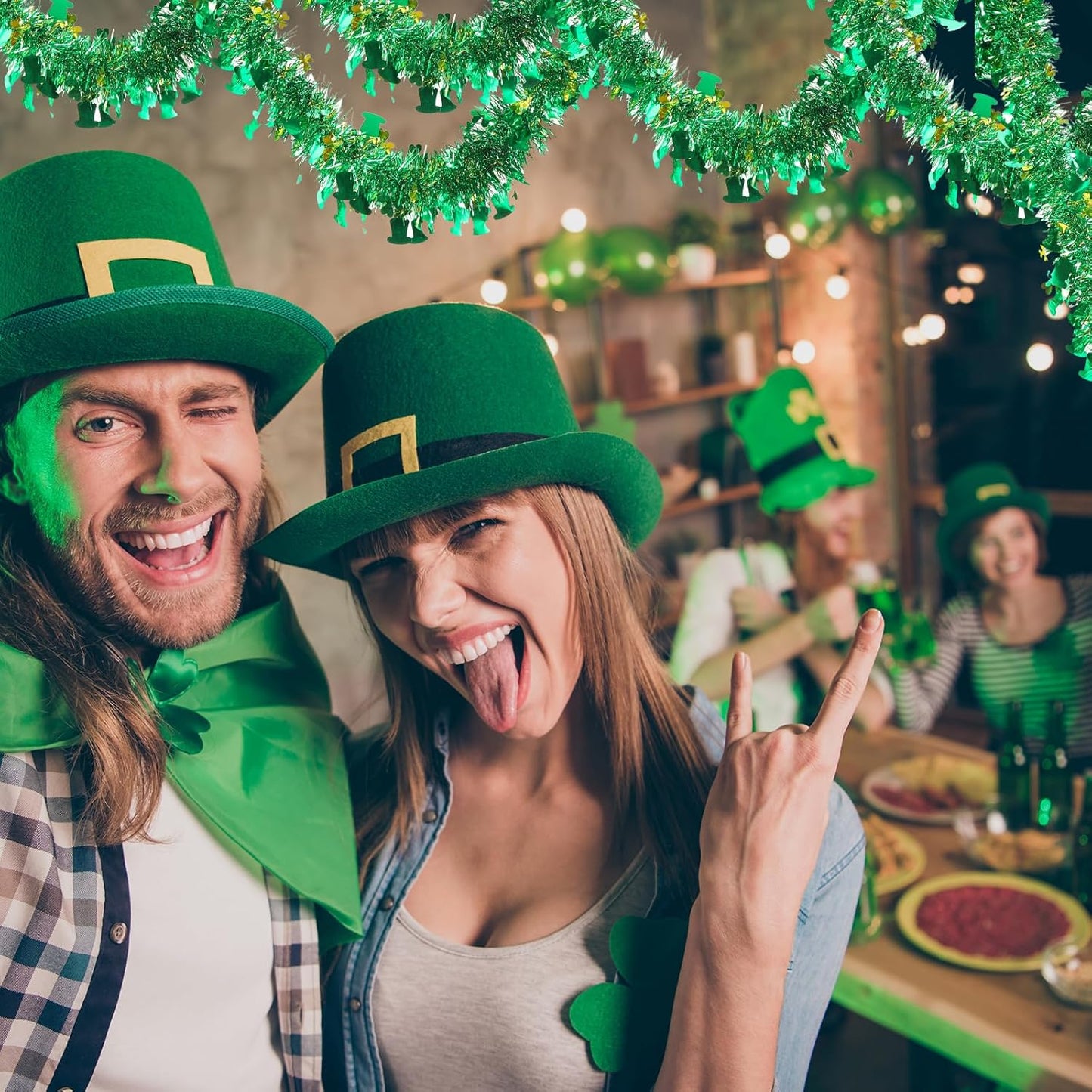 33 FT St Patricks Day Garland with Gold Green Shamrock Hat Tinsel Garland,Shiny Metallic Garlands St Patricks Day Decor for Home Indoor Outdoor St Patricks Party Supplies