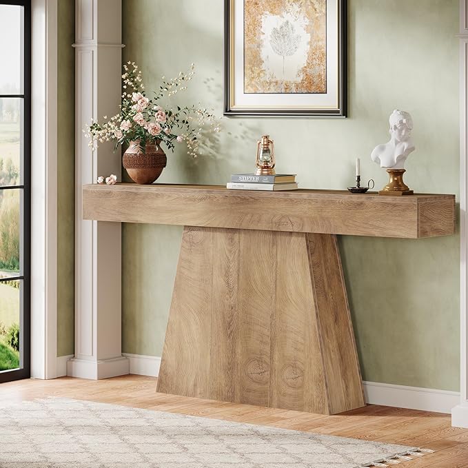Tribesigns 63" Console Table, Farmhouse Entryway Table with Trapezoidal Base, Narrow Long Wood Sofa Table Behind Couch Table for Entrance, Hallway, Living Room, Natural
