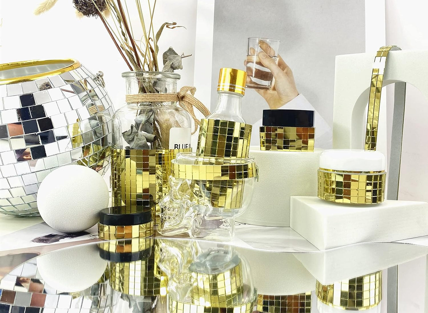 REDODEDO 2400pcs Real Glass Rose Gold Mirrors Mosaic Tiles Sticker for Craft Square Glass Tiles Self Adhesive,5mm by 5mm (Gold)