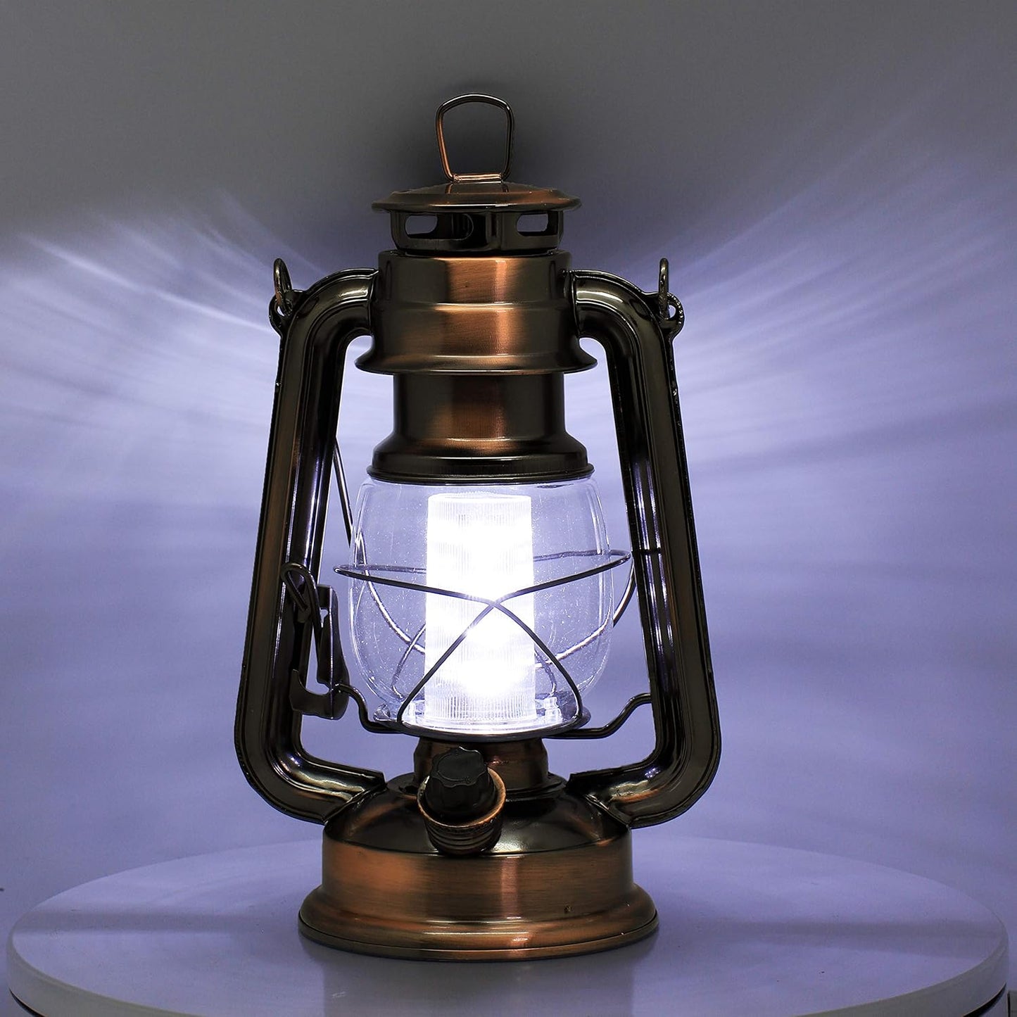 YAKii LED Vintage Lantern Metal Hanging Hurricane 12 LED Dimmer Switch Cold White Battery Operated Power Outage Indoor Camping Lighting Outdoor Brooklyn Decoration(Copper)