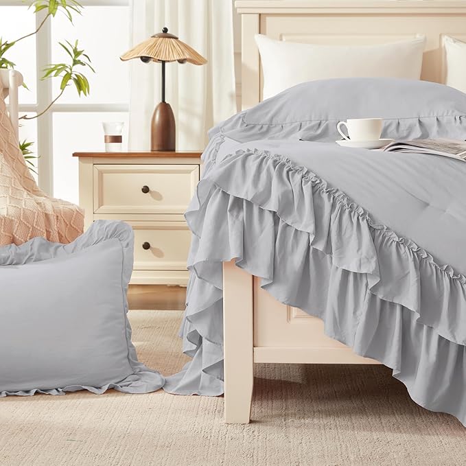 Andency Light Gray Comforter Set Queen Size, Lightweight Fluffy Farmhouse Ruffle Bedding Set, Soft Microfiber All Season Shabby Chic Bed Comforter Set 3 Pieces(1 Comforter 2 Pillowcases)