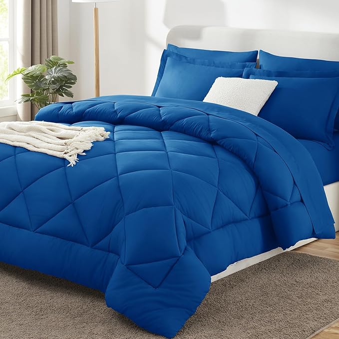CozyLux Full Size Comforter Sets Classic Blue - 7 Pieces Bed in a Bag Full, Luxury Soft Bed Set for All Seasons, Bedding Set with Down Alternative Comforter, Sheets, Pillowcases & Shams