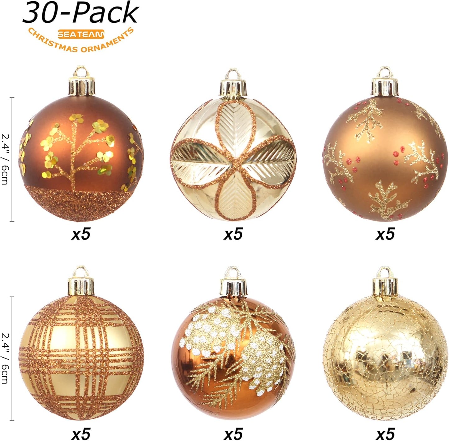 Sea Team 60mm/2.36" Delicate Contrast Color Theme Painting & Glittering Christmas Tree Pendants Decorative Hanging Christmas Baubles Balls Ornaments Set - 30 Pieces (Bronze & Gold)