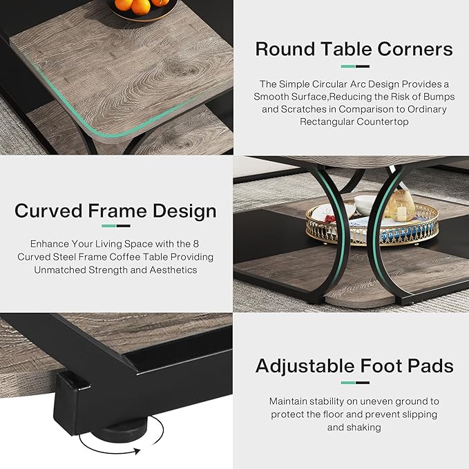 Tribesigns Coffee Table with Open Storage Shelf for Living Room, 39 Inch Large Wood Center Table Square Low Coffee Tables 2 Tier Farmhouse Tea Table with Metal Frame for Home Office, Black Rustic Grey