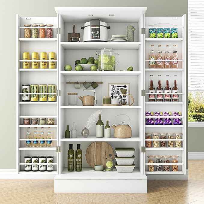 47” Pantry Cabinet, Kitchen Pantry Storage Cabinet with Doors and Adjustable Shelves,Freestanding Buffet Cupboards Sideboard for Living Room and Dinning Room (White)