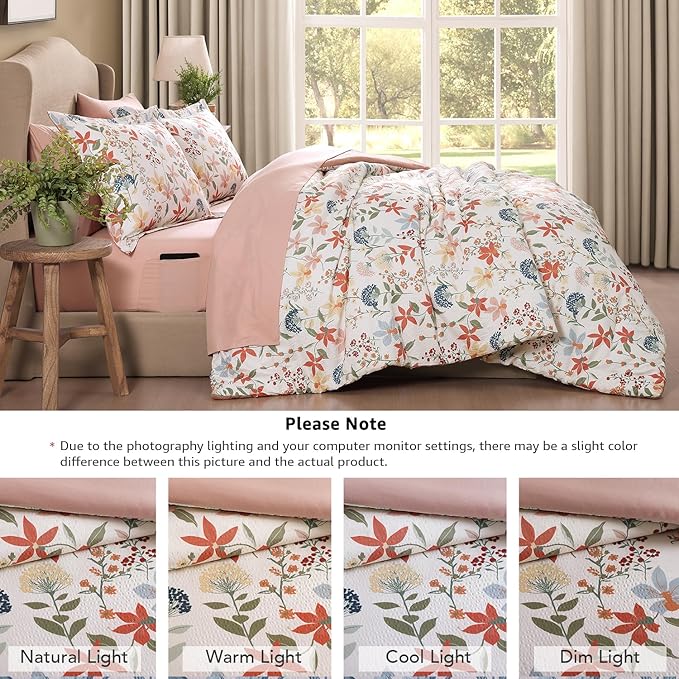 CASAAGUSTO Full Comforter Set, 7 PCS Clay Pink Floral Comforter Set with Flowers Leaves Pattern, Soft Seersucker Design All Season Full Size Bedding Set(80"X90")