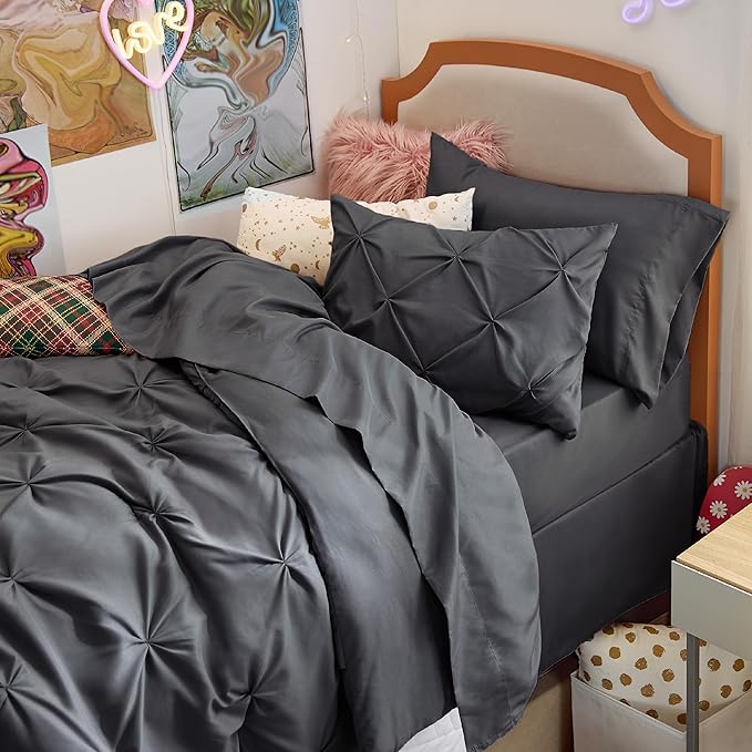 Bedsure Twin XL Comforter Set - Extra Long 5 Pieces Dorm Bedding Sets, GentleSoft™ Pinch Pleat Dark Grey Bed in a Bag with Pintuck Comforter, Sheets, Pillowcase & Sham