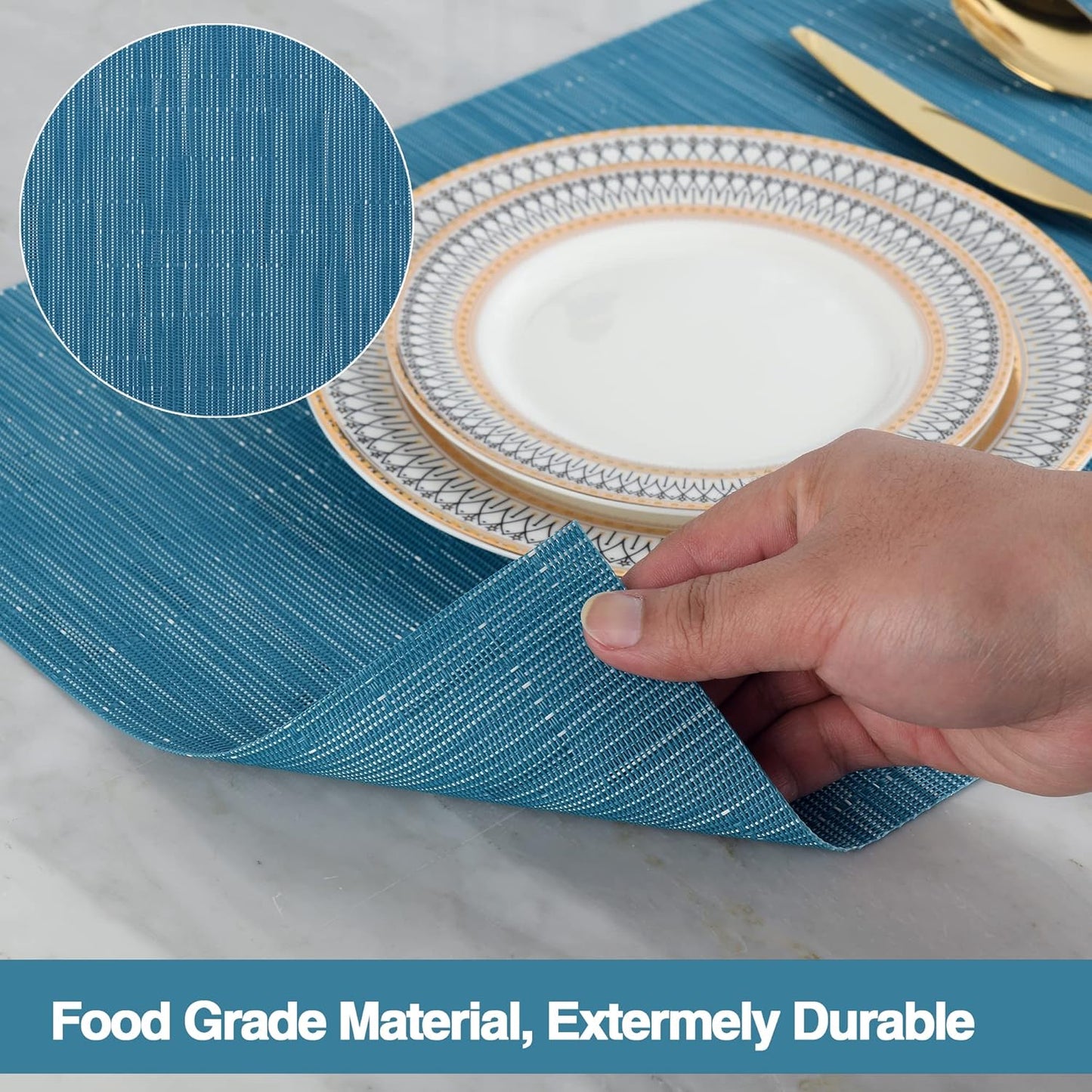 Vinyl Placemats Set of 6 - Easy Clean Place Mats - Washable Heat Resistant Table Mats for Dining Table - 17x12 Inch (Sky Blue Turquoise, 6)