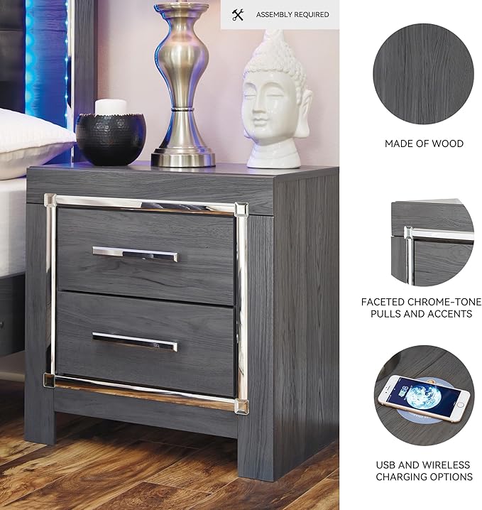 Signature Design by Ashley Lodanna Modern Glam 2 Drawer Nightstand with USB & Wireless Charging Options, 24.41" Tall, Gray Wood Grain