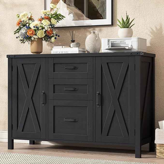 Vabches File Cabinet with 3 Drawers, Farmhouse Lateral File Cabinet Fits Files Letter/A4 Size, Wooden Filing Cabinet with Door and Adjustable Shelves Printer Stand for Home Office, Rustic Black