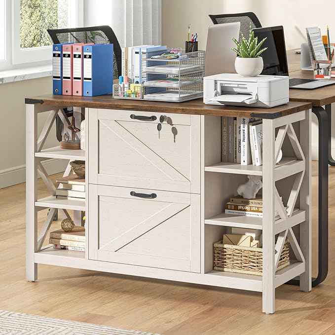 Vabches File Cabinet with 2 Drawers, Farmhouse Lateral File Cabinet Fits Files Letter/A4/Legal Size, Wooden Filing Cabinet with 4 Adjustable Shelves Printer Stand for Home Office, Rustic White