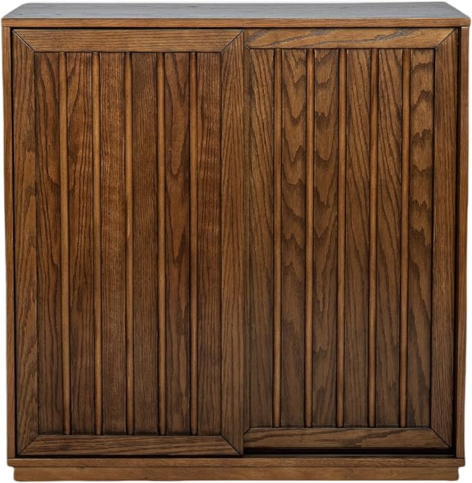 Ball & Cast 32" Mid Century Sideboard Cabinet with 2 Sliding Doors & Solid Wood Decorative Strips, Vintage Storage Cabinet with Outlet Hole for Living Room, Kitchen, Dining, Entryway, Hallway,Walnut