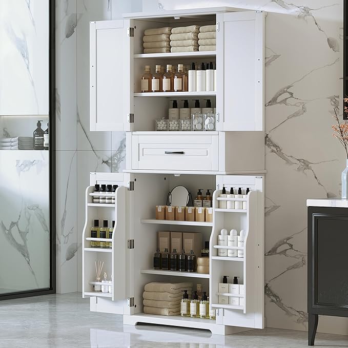 72" Storage Cabinet with Multi-Functional Rack Organizer, Tall Kitchen Cupboard Pantry for Home/Living Room/Office/Bathroom, Adjustable Shelf, White