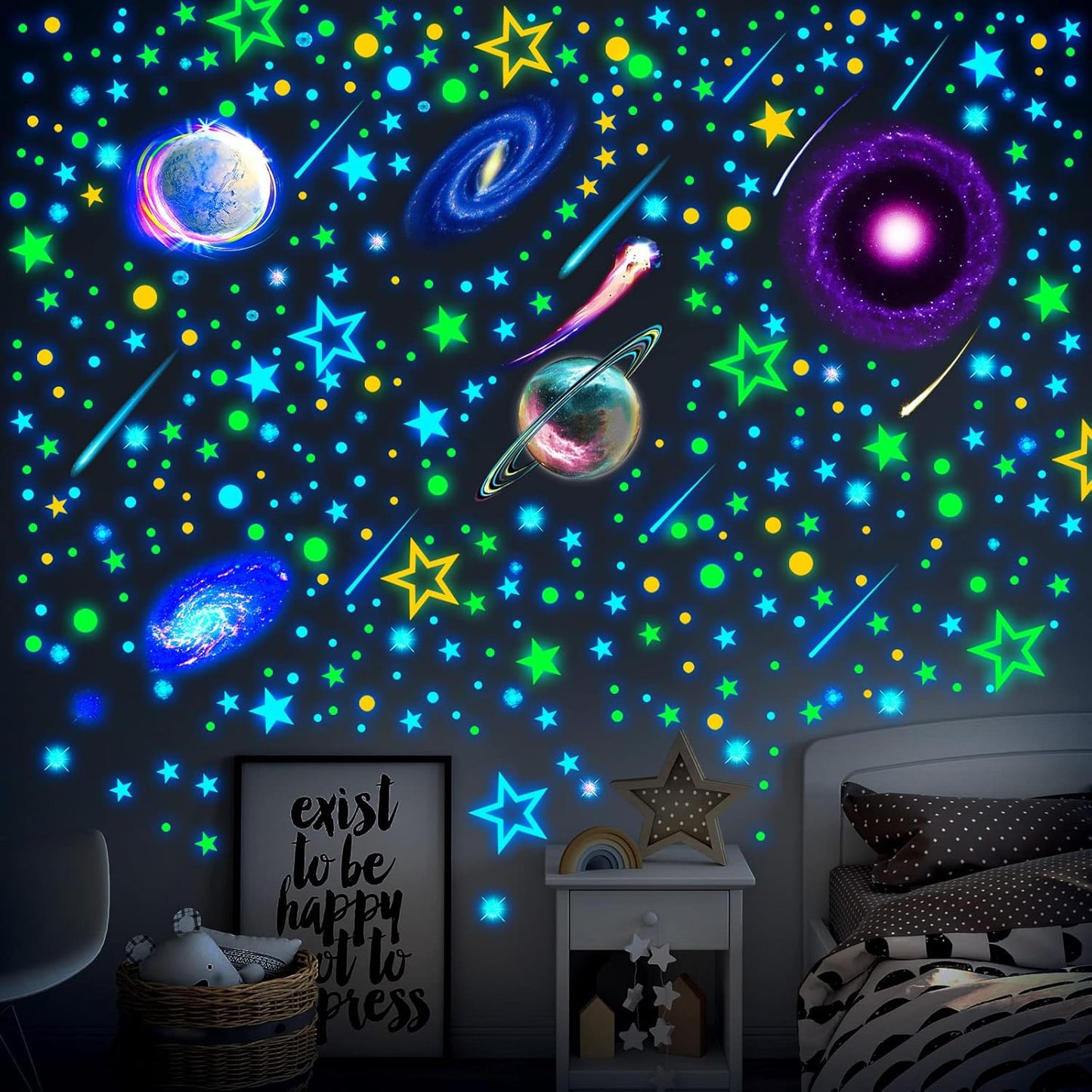 Spakon 495 Pcs Glow in The Dark Moons and Stars Wall Decals for Ceiling,Glowing Planets Wall Stickers Removable Galaxy Solar System Space Decal Nursery Stickers for Kids Bedroom Living Room Decor