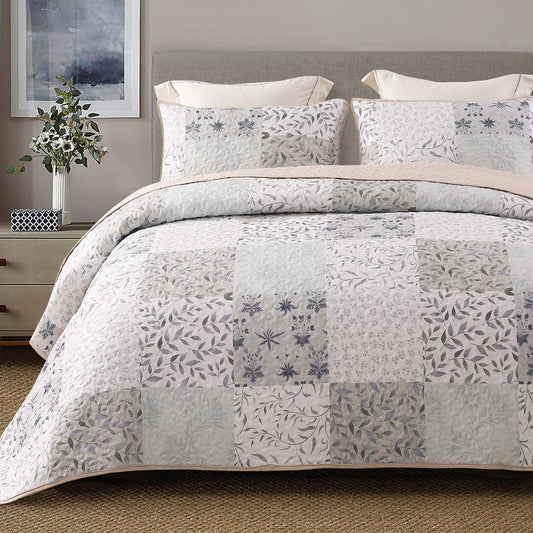 Exclusivo Mezcla Reversible Boho Quilt Set Queen Size, 3 Pieces Patchwork Gray All Season Bedspreads, Ultra Soft Floral Coverlet Bedding Set with Printed Pattern (1 Quilt, 2 Pillow Shams)