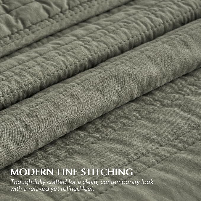 EVERGRACEHOME 100% Cotton Modern Lines Quilt Set King Size, Pre-Washed Soft Striped Coverlet Bedspread, 3 Piece Lightweight Bedding Set for All Season, with 2 Pillow Shams, Olive Green