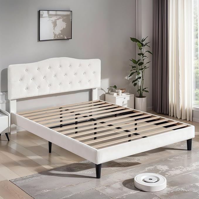 VECELO Queen Size Bed Frame with Upholstered Headboard, Velvet Platform Bedframe Mattress Foundation, Sturdy Wooden Slats Support,No Box Spring Needed Noise Free/Easy Assembly, White