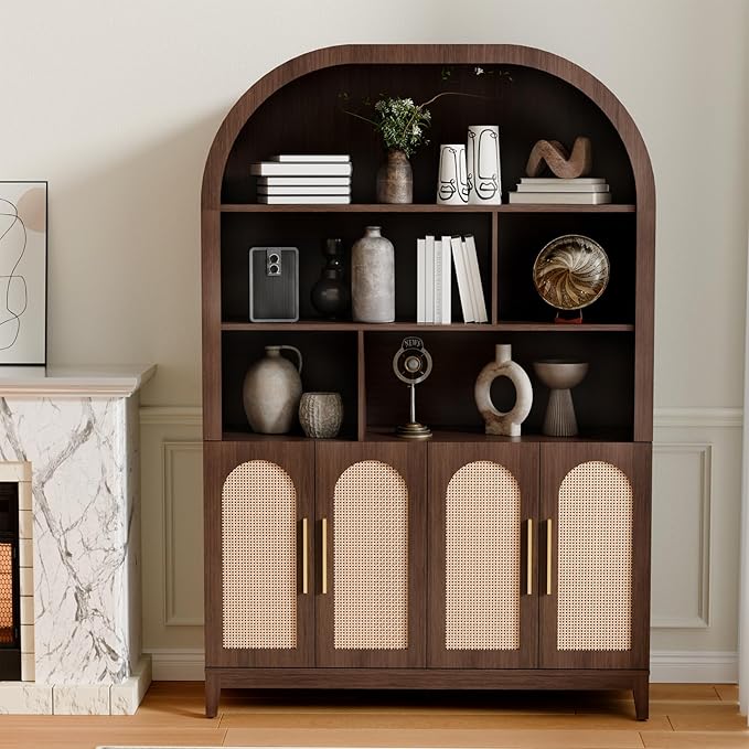 71" Tall Wide Arched Storage Cabinet, 5-Tier Rattan-Door Bookcase with Divider Shelf & Gold Pull Handles, Wood Versatile Pantry Organizer for Living Room/Kitchen/Office, Walnut