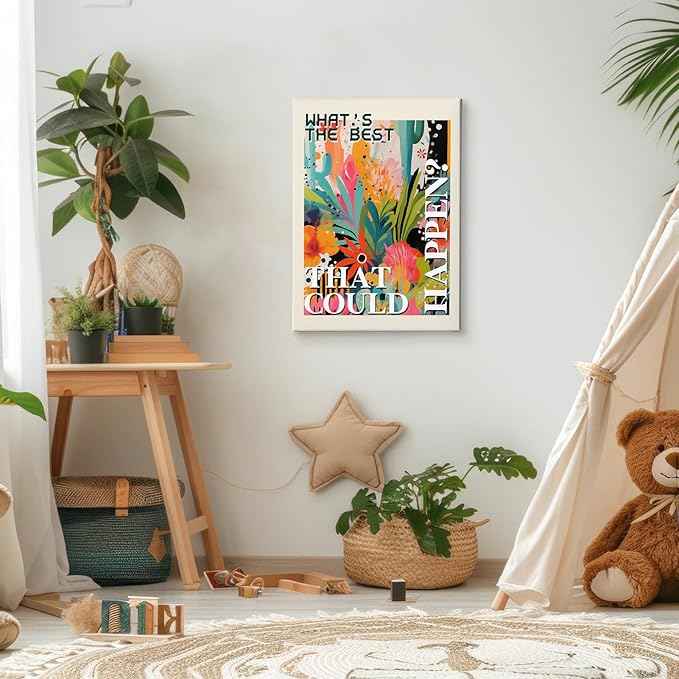 HIWX What's the Best That Could Happen Maximalist Floral Framed Canvas Painting Wall Art Decor, Funky Eclectic Botanical Inspirational Wall Art Home Decoration for Home Bedroom Room, 11x14