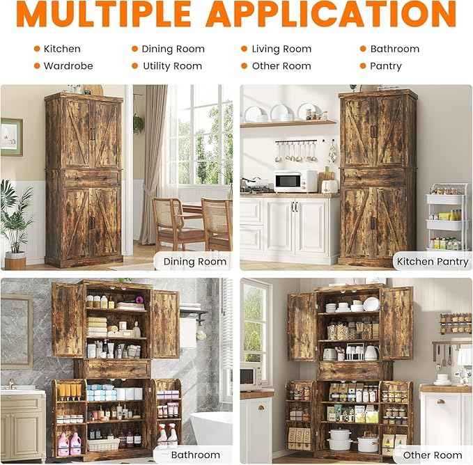 72" Tall Kitchen Pantry Cabinet, Rusty-Brown Pantry Storage Cabinet with Adjustable Shelves, Barn Doors and Drawer Farmhouse Cupboard for Kitchen, Dining Room, Bathroom (16" D x 30" W x 72" H)