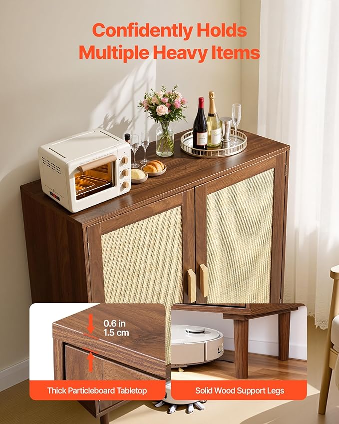 VEVOR Rattan Cabinet, Rattan Storage Cabinet with 2 Magnetic Doors and Adjustable Shelves, Accent Sideboard Buffet with Wooden Legs & Power Cord Hole for Hallway, Entryway, Living Room, Kitchen, Brown