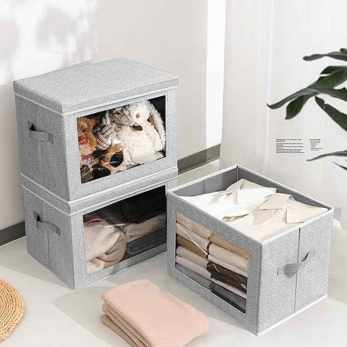 Stackable Storage Bins with Lids - Medium Storage Box with Lids, Foldable Closet Boxes for Organizing, Wardrobe Clothes Organizer with Window, Cubes Bins for Living Room, 5 Pack, Blended