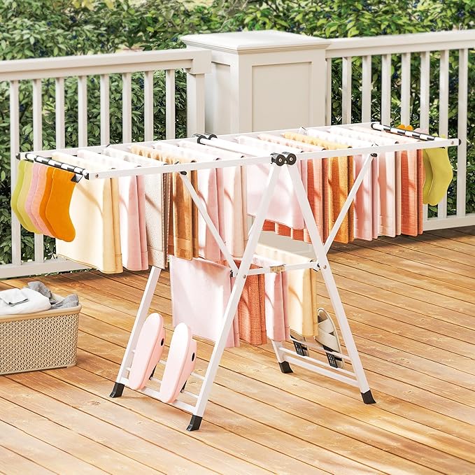 Giantex Clothes Drying Rack, Foldable Metal Laundry Drying Rack with Height Adjustable Wings, 16 Drying Rails, Sock Clips & Shoe Racks, Freestanding Clothing Stand for Indoor & Outdoor, White