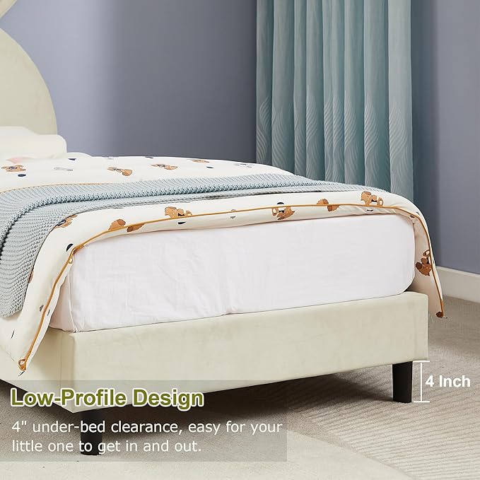 VECELO Twin Size Bed Frame with Storage Organizer, Heavy-Duty Platform with Rabbit Shaped Headboard for Girls Kids Room, Easy Assembly, Beige