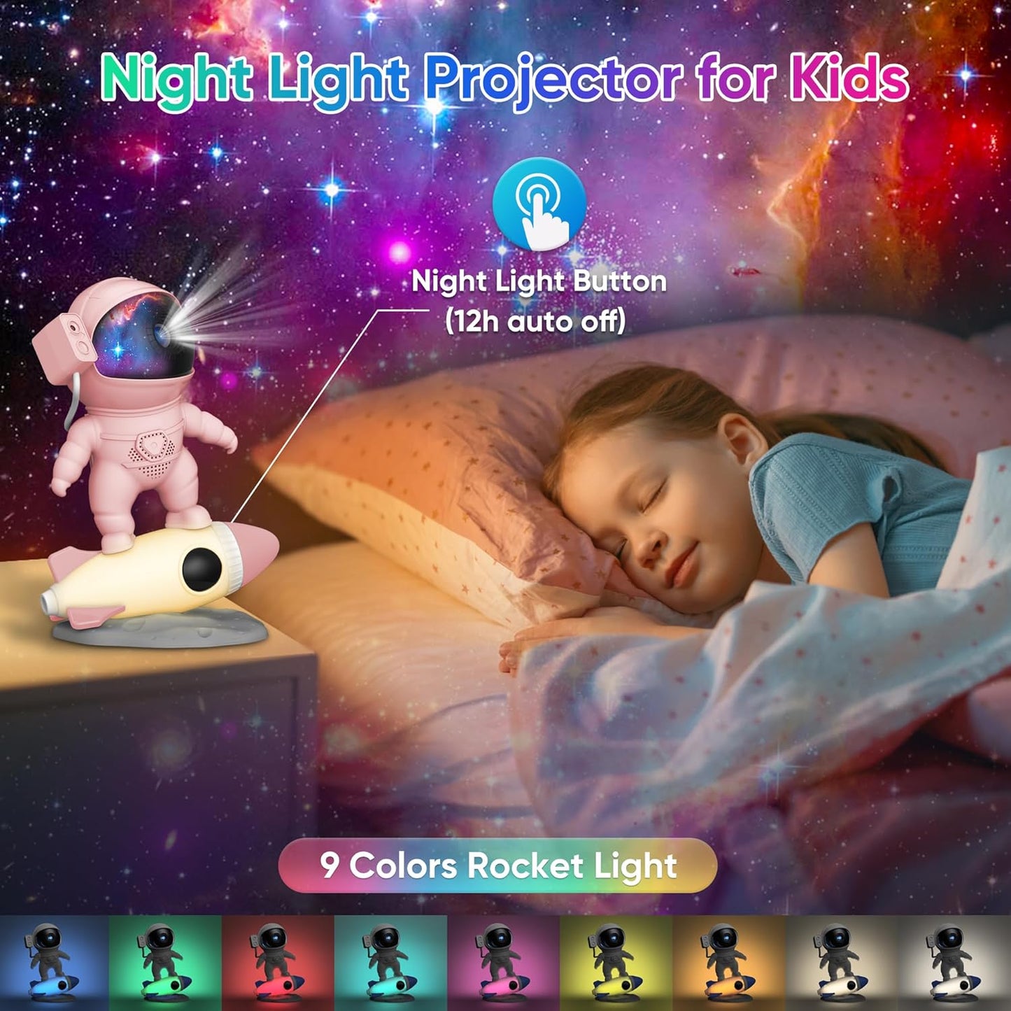 Astronaut Galaxy Projector for Bedroom with Rocket Night Light 13 Film Discs, HD Image Star Projector Galaxy Light Adjustable Knob, Planetarium Projector for Kids, 1/2h Timer Simple 4-Button Control