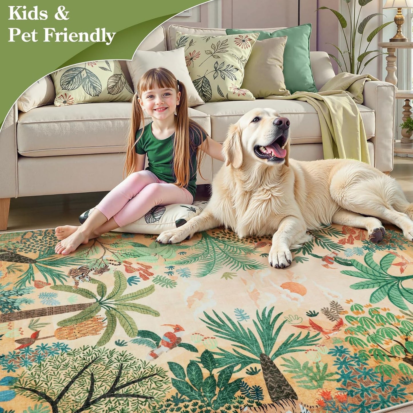 LIVEBOX Large 9x12 Forest Area Rug for Living Room, Soft Washable Sun Yellow Rugs for Bedroom, Non Slip Ultra Thin Floor Carpet Jungle Animal Print Rugs for Dining Room